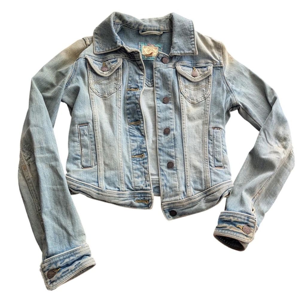 VTG Abercrombie & Fitch Womens Small Light Wash Distressed Denim Trucker Jacket